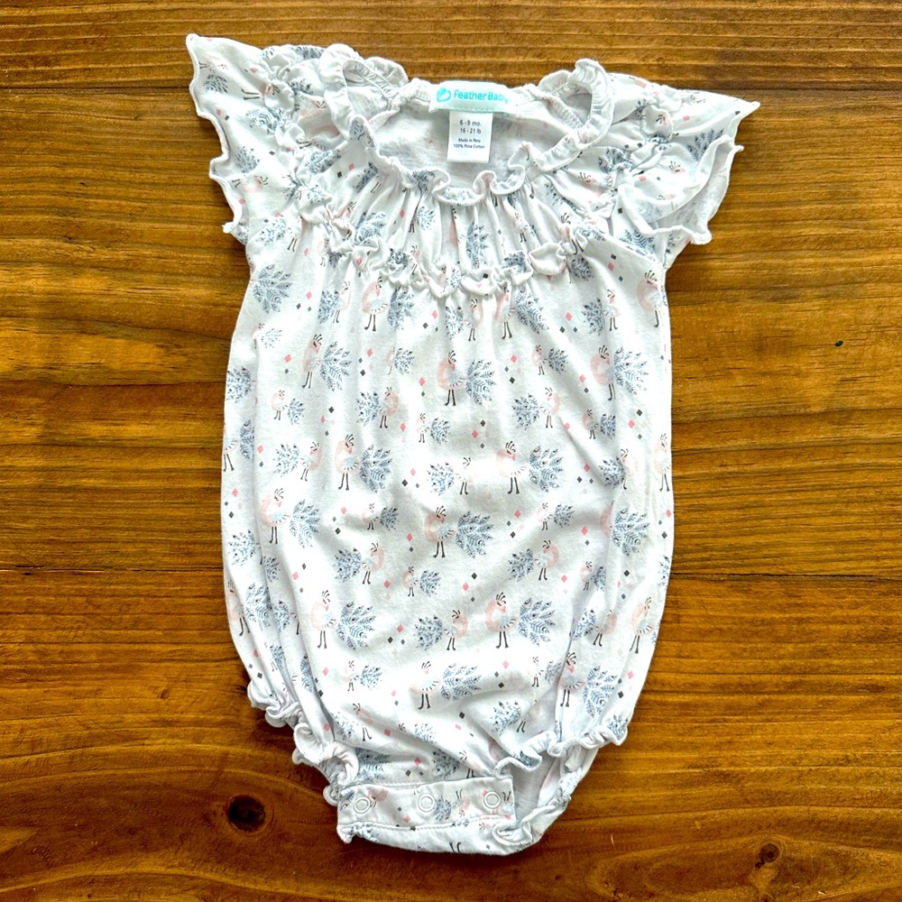 Feather Baby Ruched Bubble, Peacock on White SZ 6-9 months